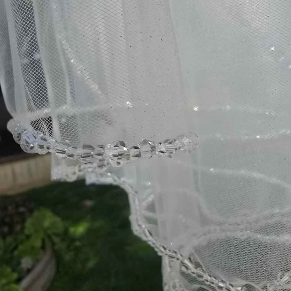 Elegant Sheer White Beaded Veil. Elbow Length